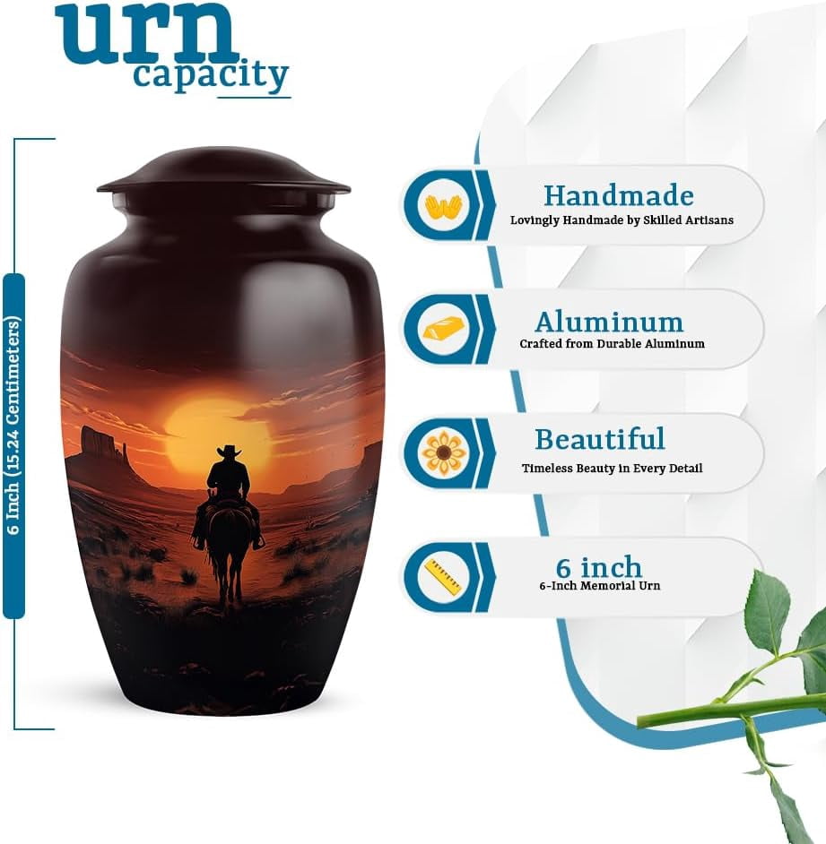 Desert Sunset Cowboy Cremation Urn, Western Themed Urns For Ashes Adult Male, Urns For Human Ashes, Cremation Urn For Ashes, Cowboy Memorial Keepsake, Size 6 Inch 1pcs