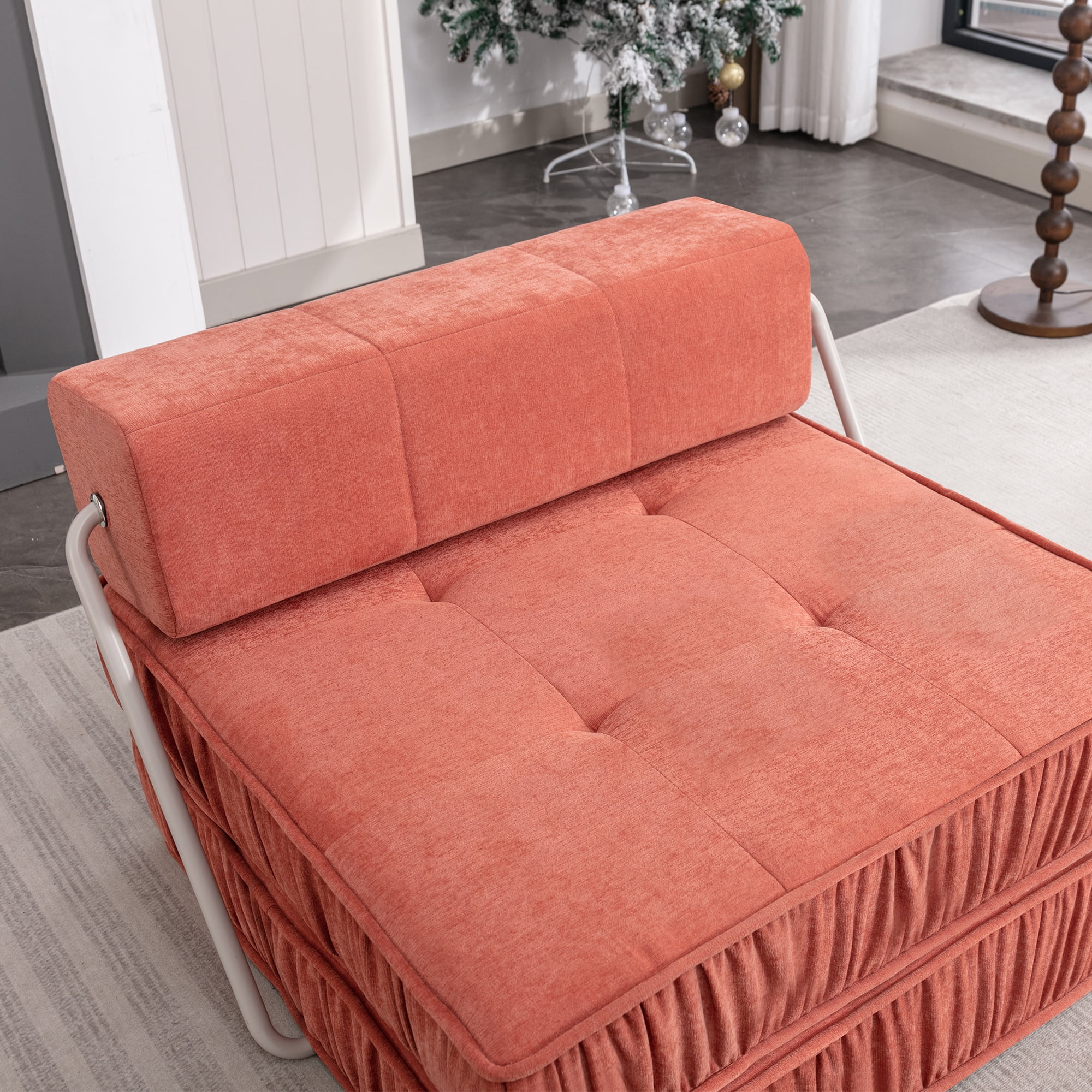 Folding Sofa Bed, Orange Convertible Sleeper Chair with Removable Back Cushion and Non-Slip Bottom, Chenille Futon Floor Couch for Living Room, Guest Room, Home Office