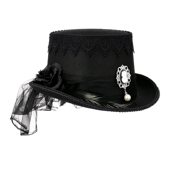 YZZZJZQL Black Felt Top Hat With Satin Roses And Lace Veil & Feather Halloween Costume Cosplay Party For Adult