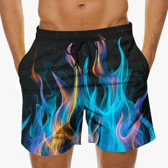 Umfun Men's Neon Flame Graphic Board Shorts Elastic Waist Trendy Quick Dry Swim Trunks for Beach Party Clubwear and Casual Street Style