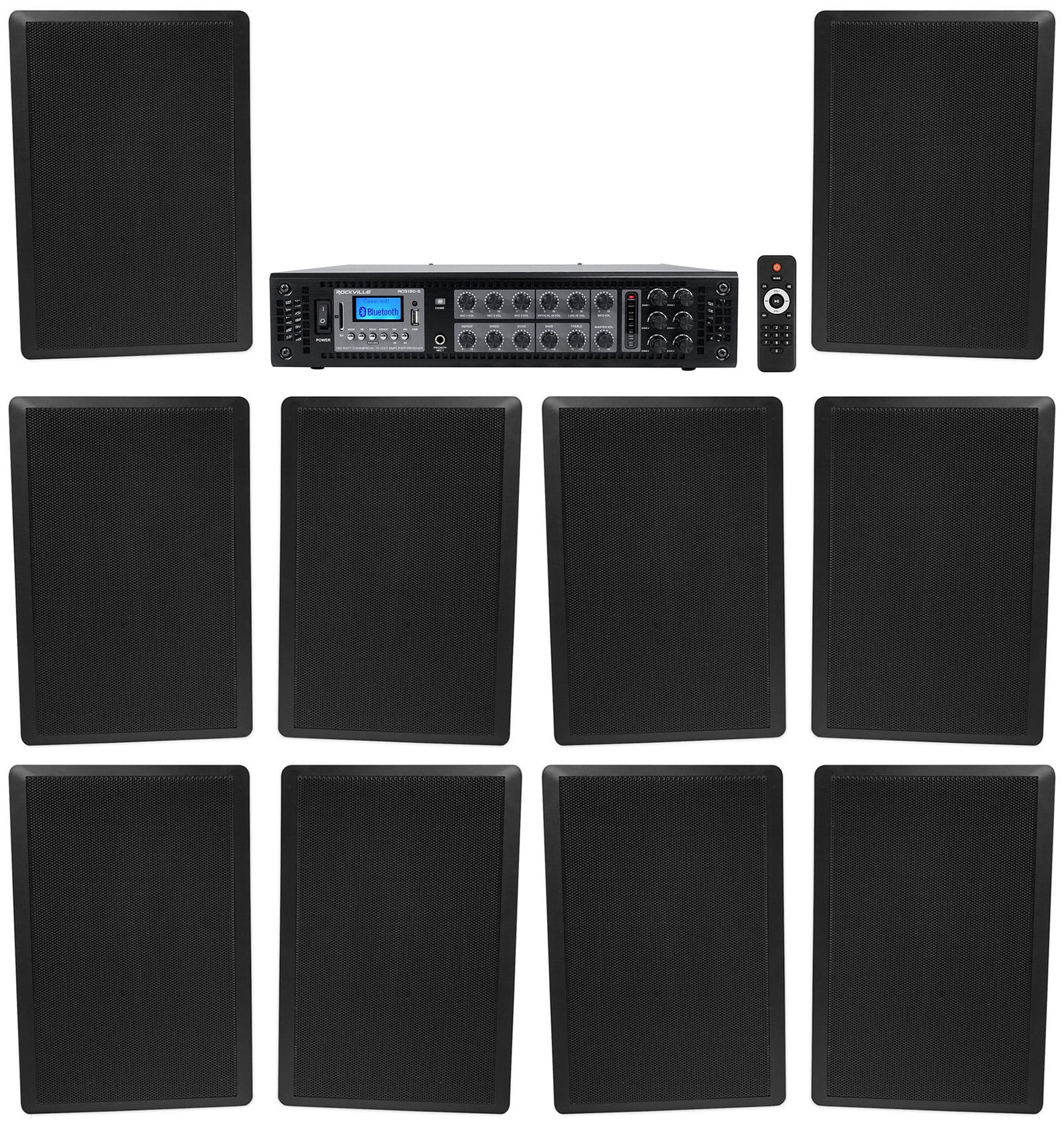 Rockville 6Zone 70v Amplifier+(10) Slim Black Restaurant/Bar/Cafe Wall