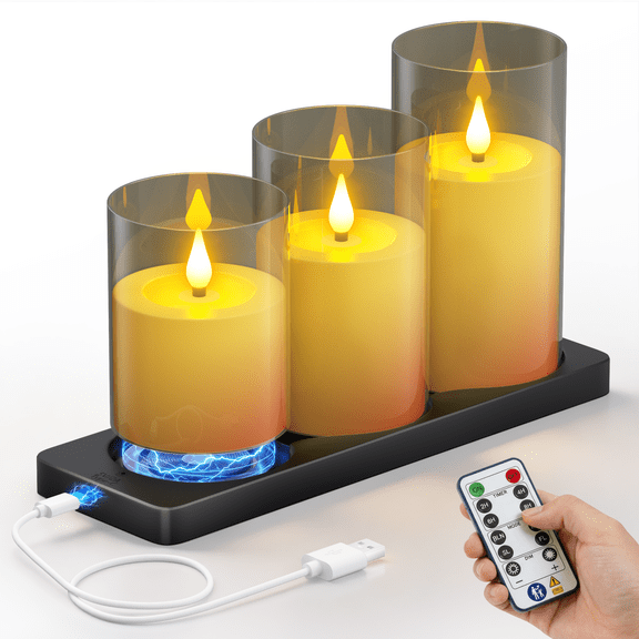 PChero Rechargeable Candles with Remote Timer,Flameless LED Candles Flickering with Charging Base,Battery Operated Pillar Candle for Home Wedding Halloween Christmas Decor,Set of 3, D3 x H4" 5" 6"