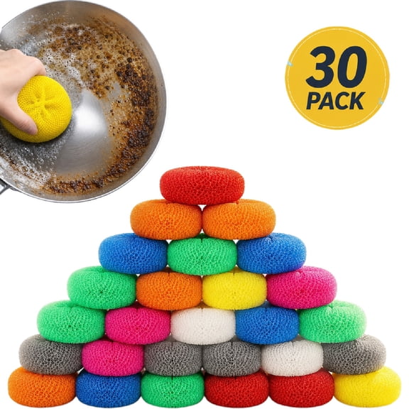 Casewin 30 Pack Dish Scrub Brush Nylon Scouring Pads Assorted Colors Round Plastic Dish Scrubbers Mesh Scourers Poly Mesh Scouring Dish Pads for Kitchen