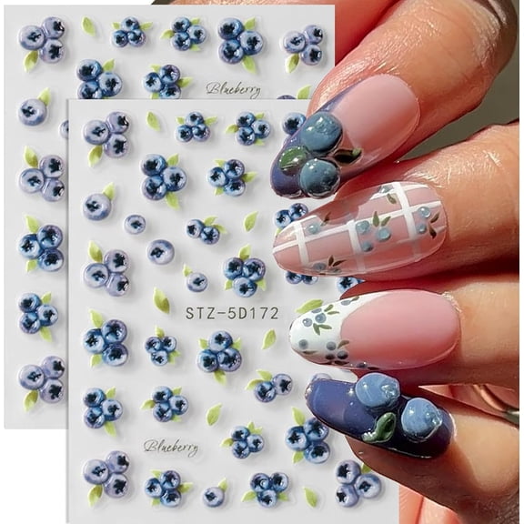 5D Embossed Fruit Nail Stickers Blueberry Nail Decals Self Adhesive Nail Art Stickers Spring Leaf Blueberries Design Cute Summer Nail Sticker for Nail Art Women DIY Manicure Accessories 2Sheets