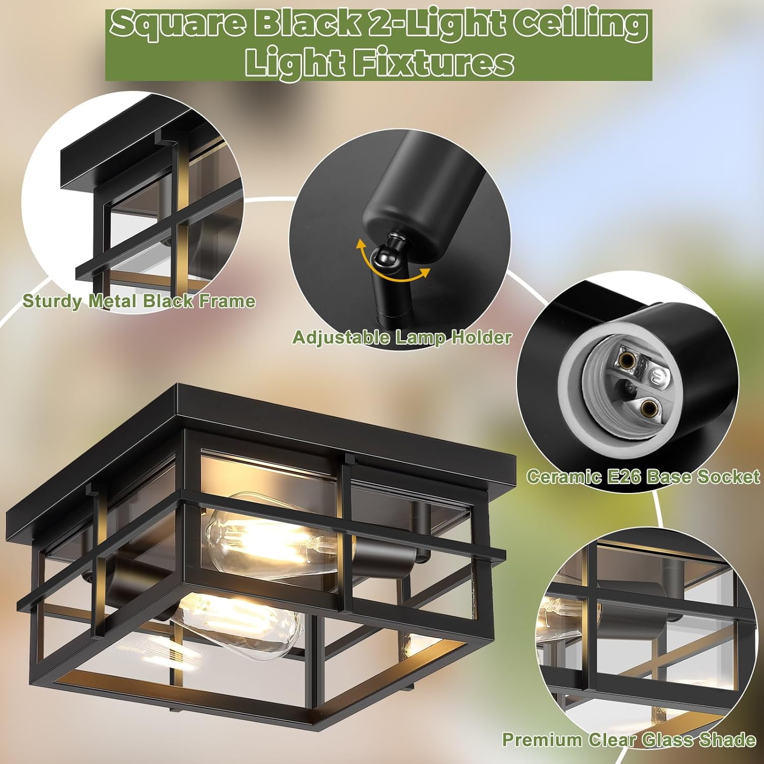 Flush Mount Ceiling Lights, 2-Light Hallway Ceiling Lighting Fixtures, Farmhouse Metal Cage Ceiling Lights for Entryway Kitchen