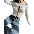 thumbnail image 5 of Qiylii Women's Ribbed Knit Tops, Long Sleeve Round Neck Solid Color Metal Chain Front T-Shirts, 5 of 7