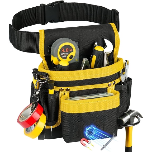Tool Belt,Magnetic Tool Pouch,14-Pockets Tool Belts for Men,Detachable & Adjustable Tool Pouch belt for Electrician,Carpenter,Construction,Work Apron,Utility Belt,Black-Yellow