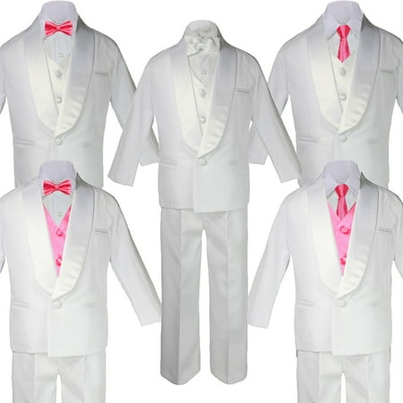 

5-7pc Boys White Satin Shawl Lapel Suits Tuxedo PINK Satin Bow Necktie Vest