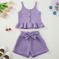 thumbnail image 2 of vigerkar Toddler Baby Girl T Shirt Shorts Set Waffle Bow Sleeveless Slip Ruffle Tops Matching Outfit Spring Summer Clothes (Purple, 6-12 Months), 2 of 7