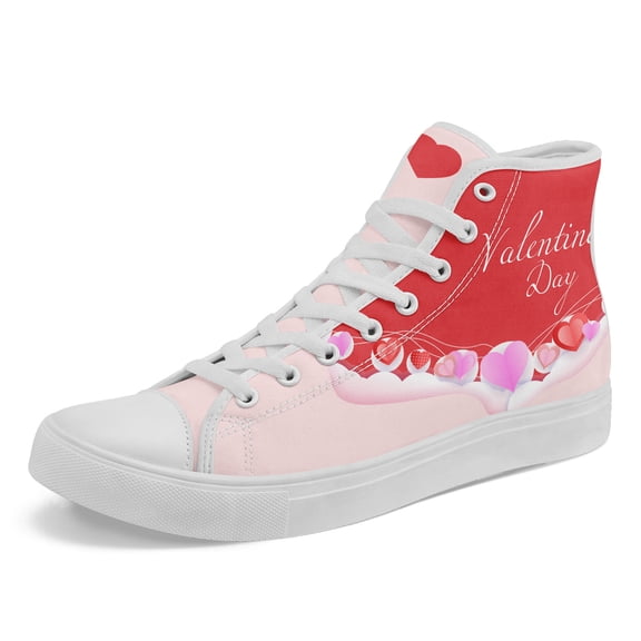 Coolcustomize Women's Lace-Up High-top Sneakers/Painters - Pink-Red Heart Pattern Round Toe Casual Shoes, Fabric Upper Boots, Rubber Sole Canvas Shoes for Valentine's Day, Outdoor, Daily Wear