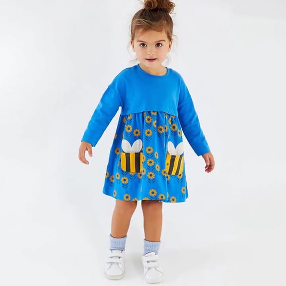THDHVS Dresses for Girls,Girls Print Round Neck Long Sleeve Dress Midi Length Casual Fashion,Girls Long Sleeve Dress 4-5 Years
