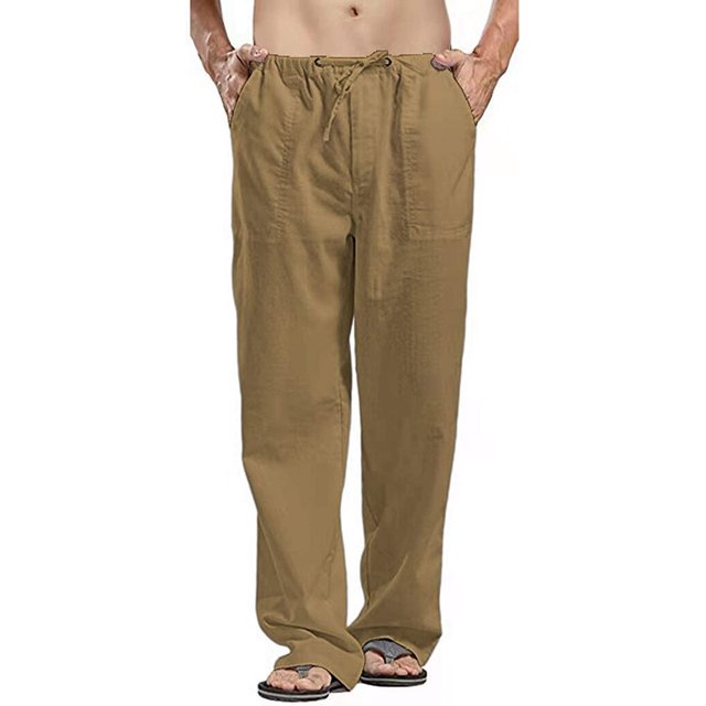 Pantalones casuales de lino para hombre, color sólido, rectos, ligeros, sueltos, elásticos, con cordón, para verano, playa, yoga 056-caqui 2XL 056-caqui 2XL Xishao ropa