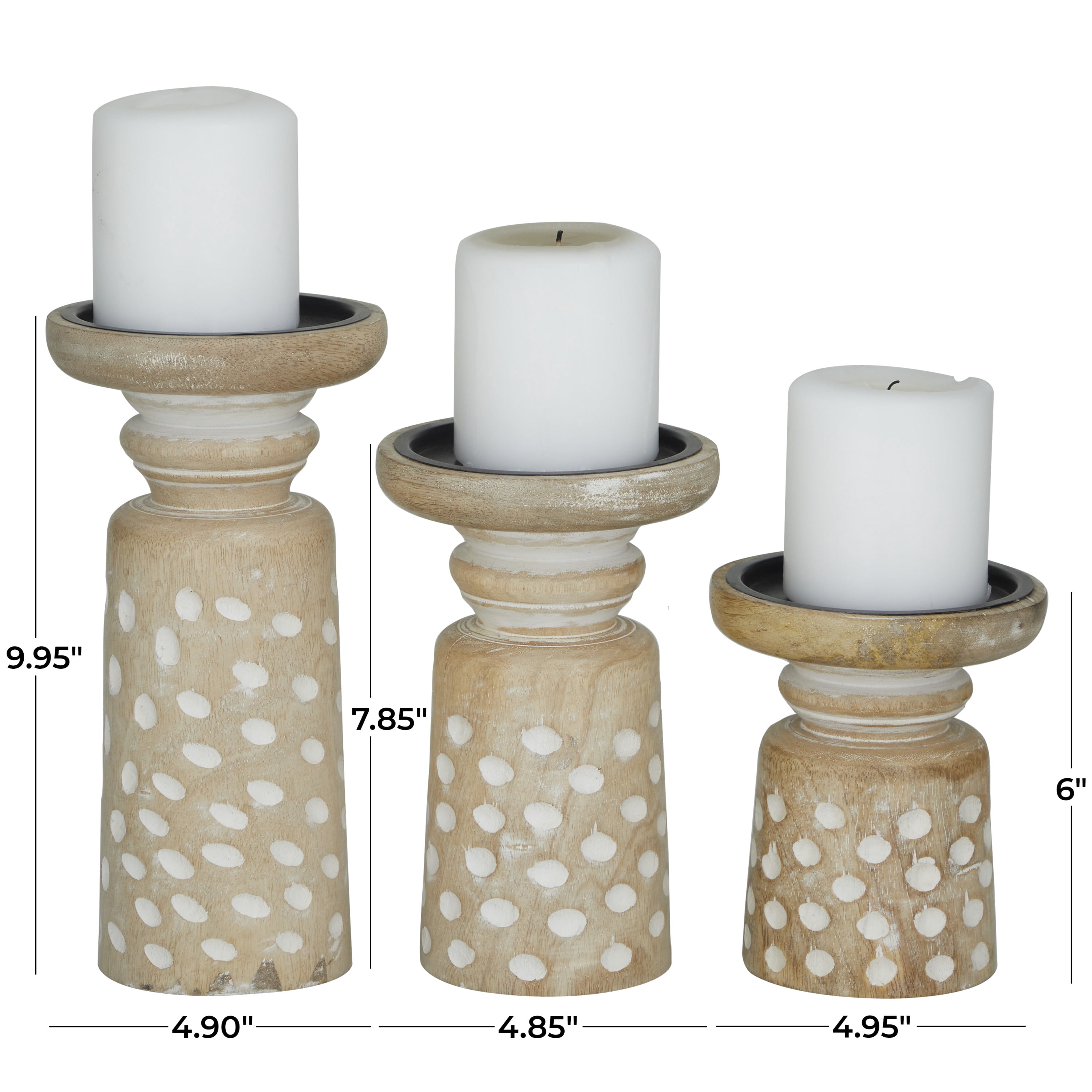 DecMode 3 Candle Light Brown Mango Wood Round Carved Dotted Pillar Candle Holder, Set of 3