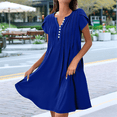 thumbnail image 2 of Vestido de Verano para Mujer, de Corta, con Botones, Cuello en V, Holgado, Informal, Fluido, Plisado, Maxivestido , Color Azul, Talla S, 2 of 5