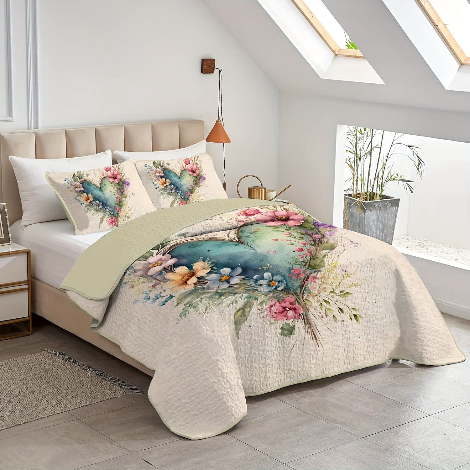 Flymme Quilts for Queen Bed,3 Piece Watercolor Floral Botanical Bedspread Coverlet Set，Heart Shape Flowers Bedding Sets with Pillow Sham for All Season