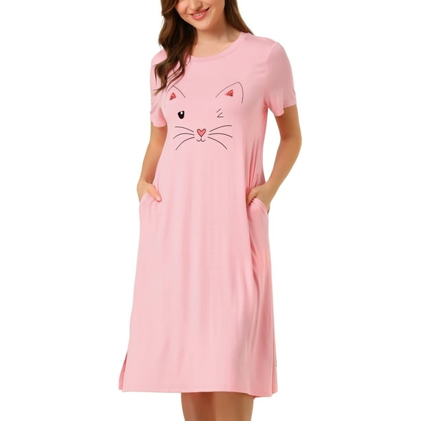 Camisa De Noche Camisones Vestido Pijamas Ropa De Dormir Suave Manga Corta Estampada Linda Para Mujer Rosa L