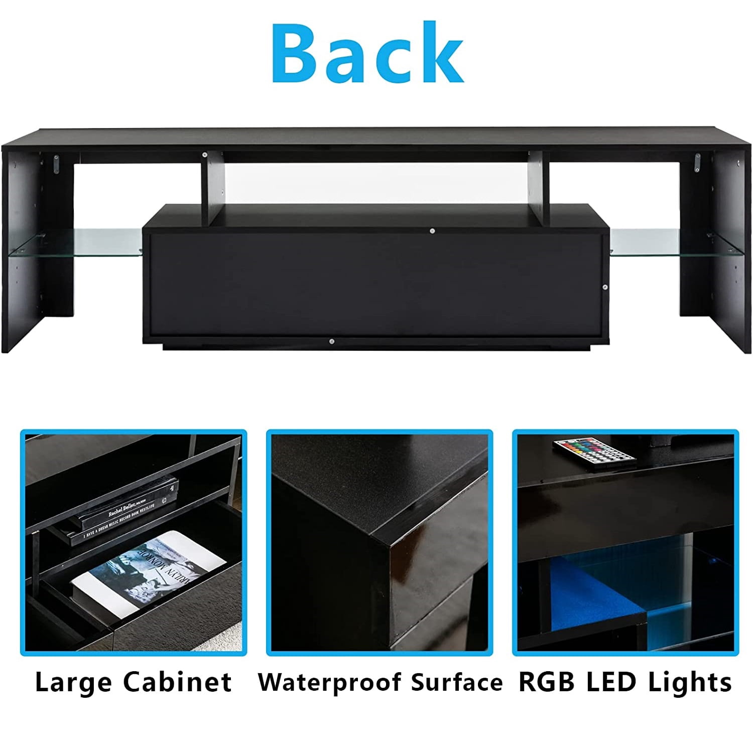 PWFE LED Light TV Stand for 55/60/65 inch TV, Modern Gloss Entertainment Center with Drawer and Glass Open Shelf, TV Console Table for Living Room, Black
