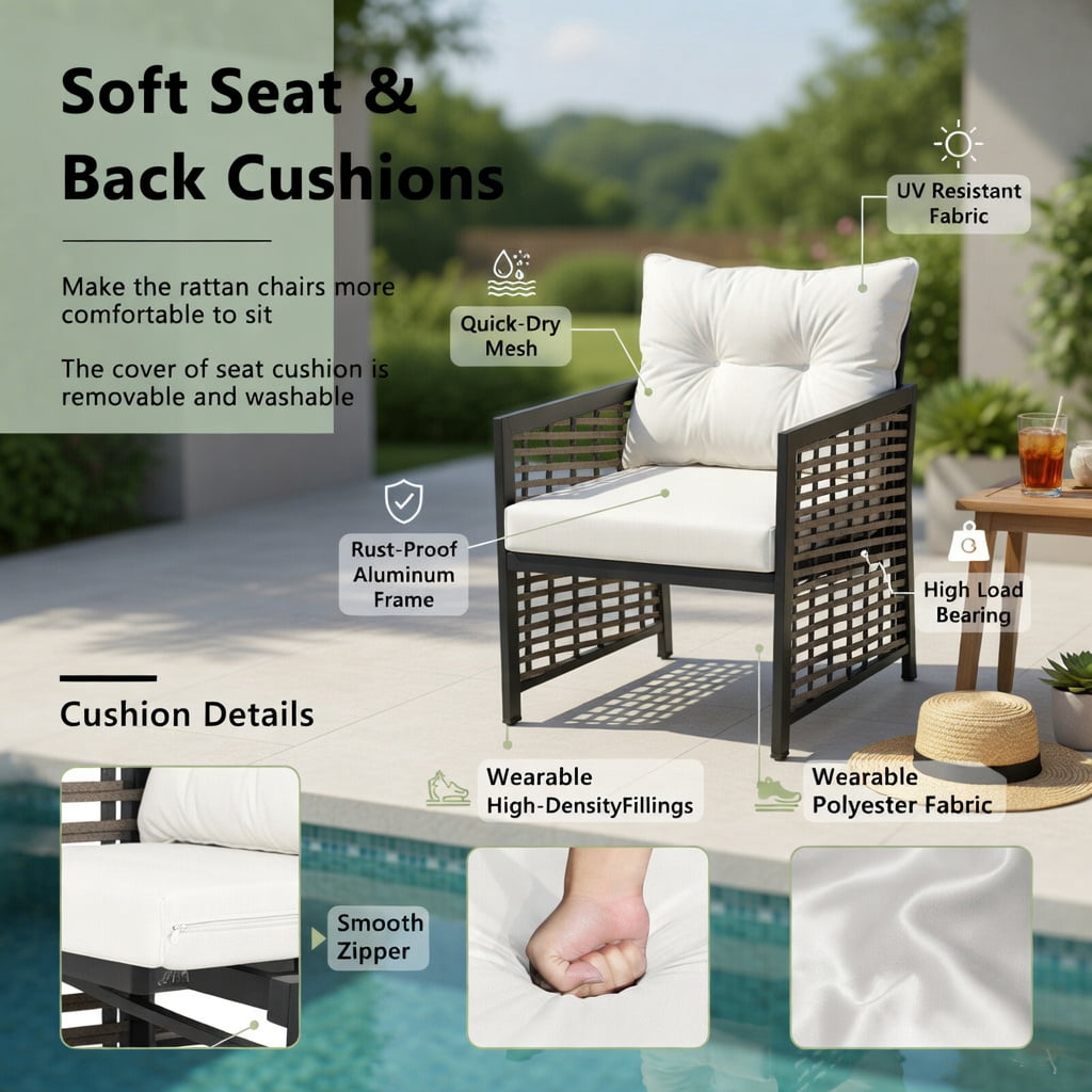 Hommoo 3-Piece Outdoor Rattan Patio Furniture Set, 2 Armchairs + Coffee Table with Acacia Wood Top, Brown PE Rattan & Black Metal Frame, White