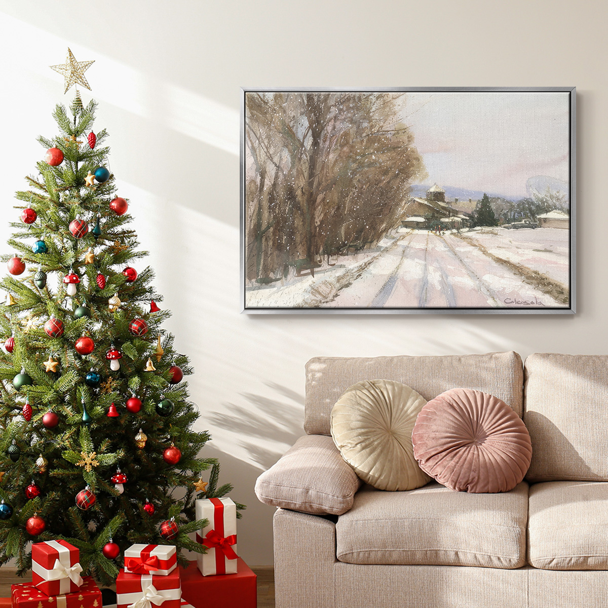 Indian Orchard Greek Orthodox Church - Framed Gallery Wrapped Holiday Canvas - 17 x 25 - Silver Frame