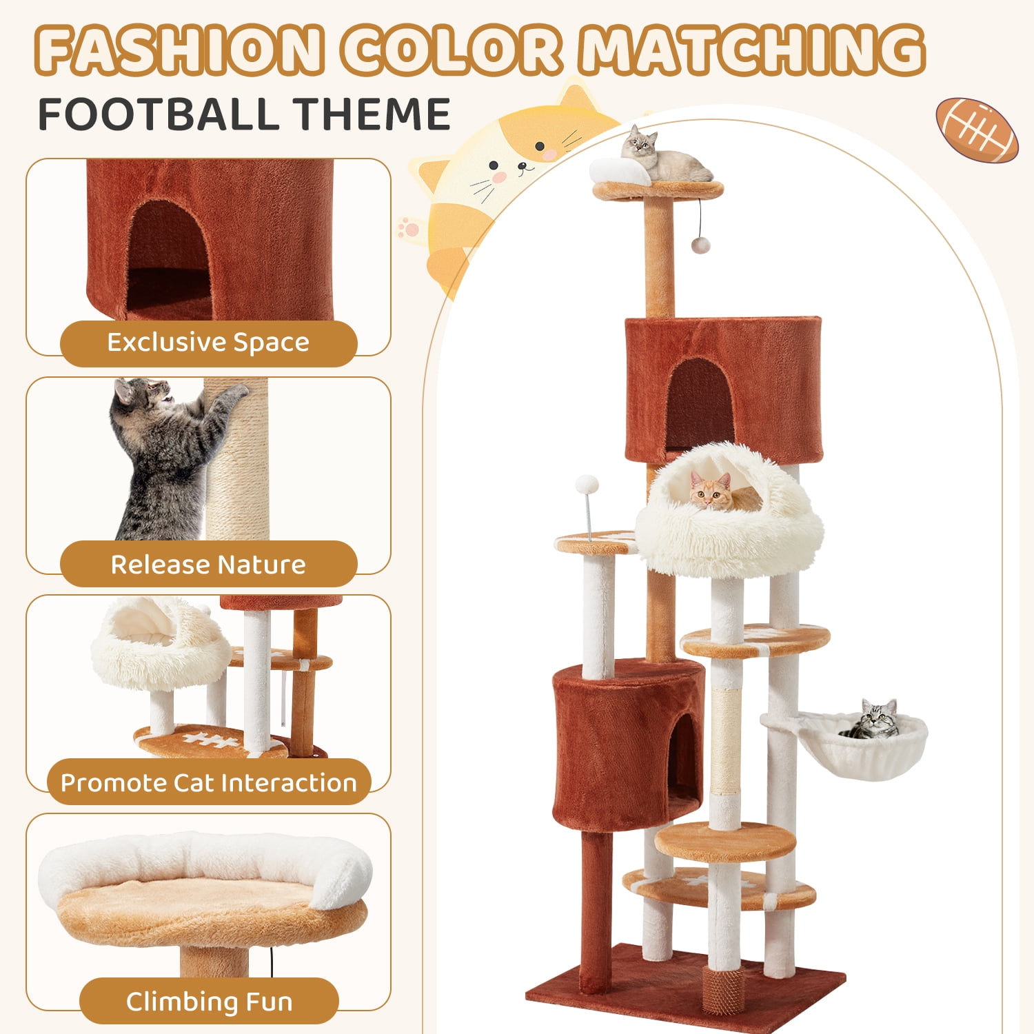 Erinnyees Cat Tree with Football Design, 74 Inches Cat Tower, Cozy Cat Cave Bed for Indoor Cats, 2 Cat Spacious Condos with Sisal Scratching Post, 5 Perches, Hammock and 2 Pompoms