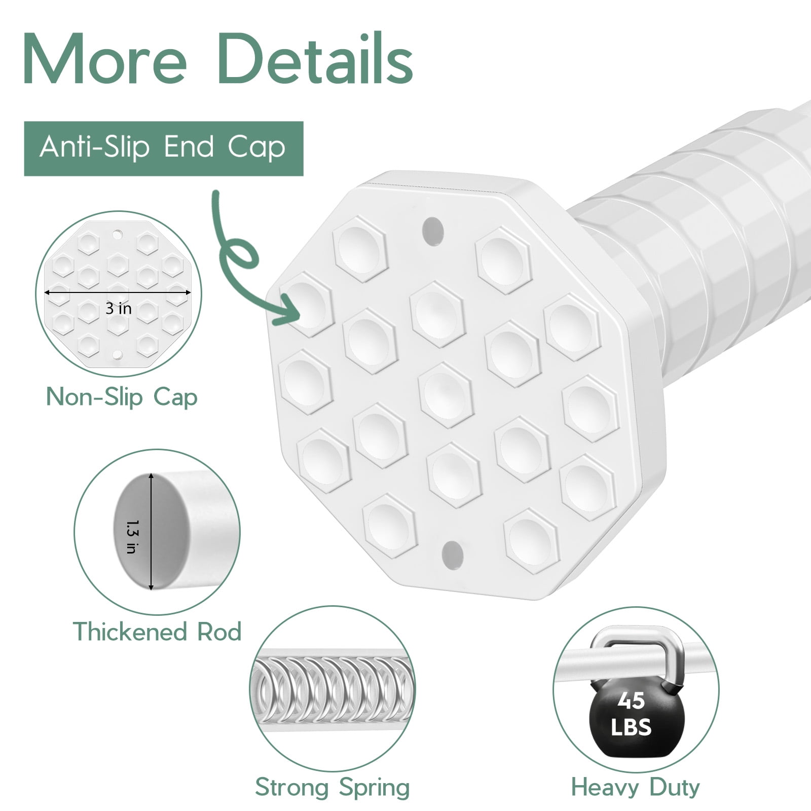 VEGCOO 45-86" Tension Curtain Rod, 2-in-1 Drill-Free or Screw-Fixed Heavy Duty Matte White Shower Rod for Bathroom Windows Patio, Holds 80LBS