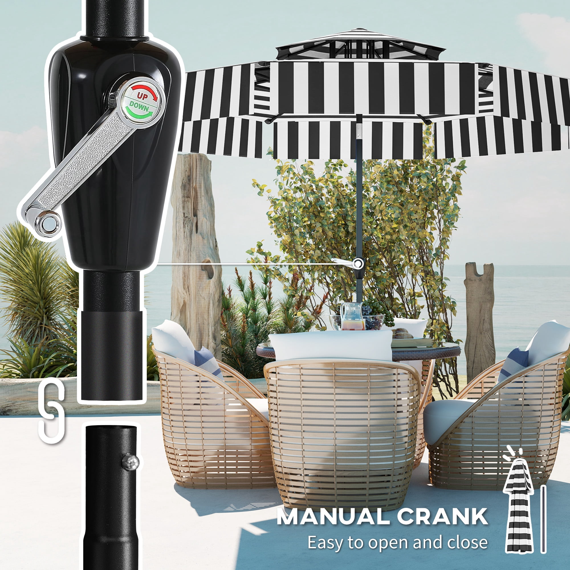 Outsunny 8.6FT Patio Umbrella, UPF 30+ Outdoor Market Umbrella, 2-Tier Vented Patio Table Umbrella with Crank, 8 Ribs, Push Button Tilt, Black