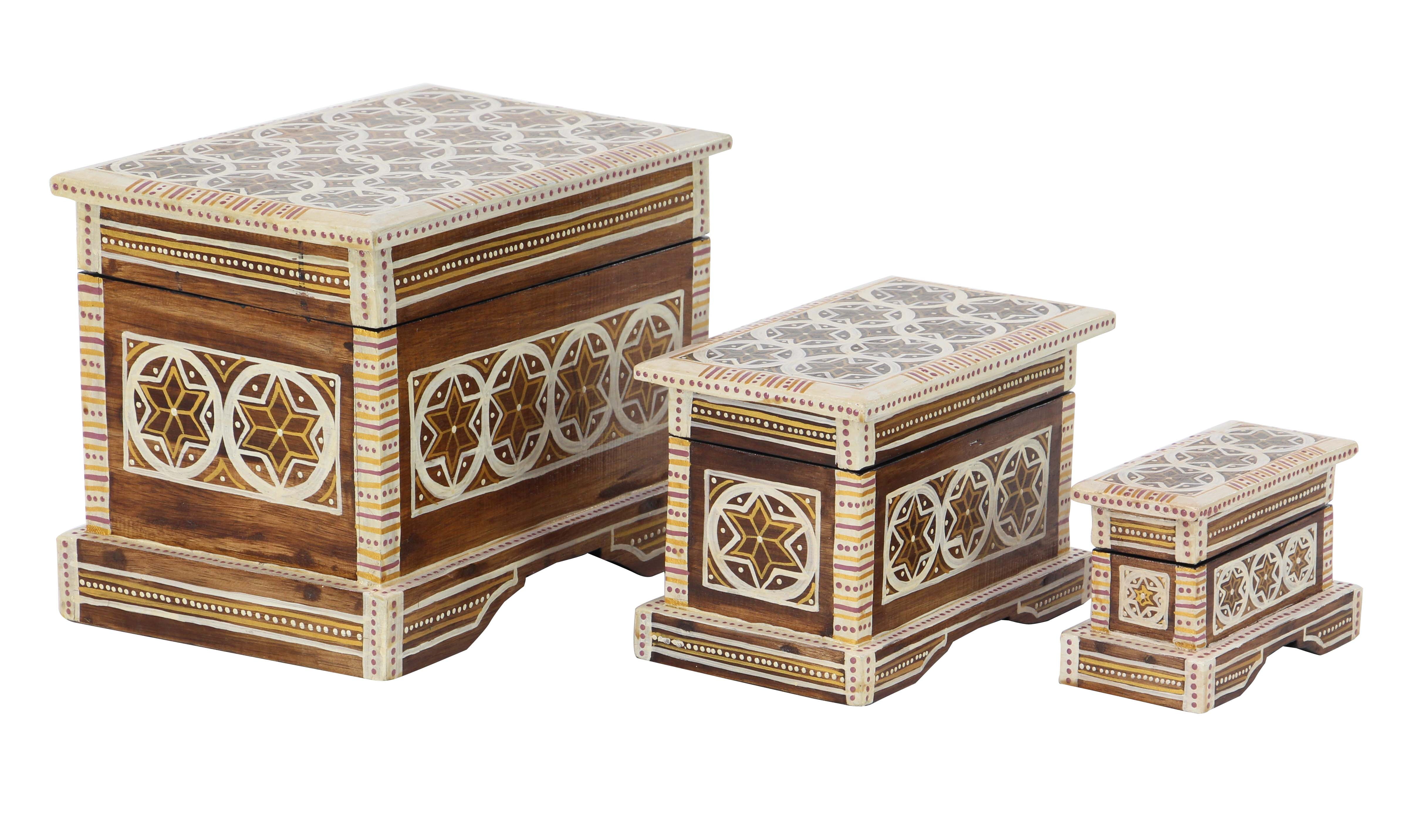Decmode Traditional Wood Star Batik Design Decorative Boxes With Lid