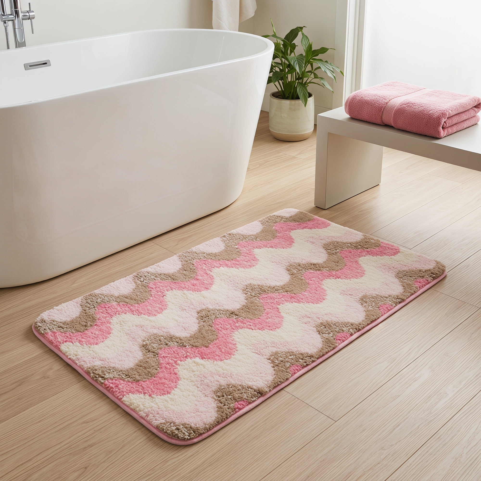 Unique Bargains Absorbent Non-Slip Machine Washable Geometric Bath Mat Rose Pink 24" x 16"