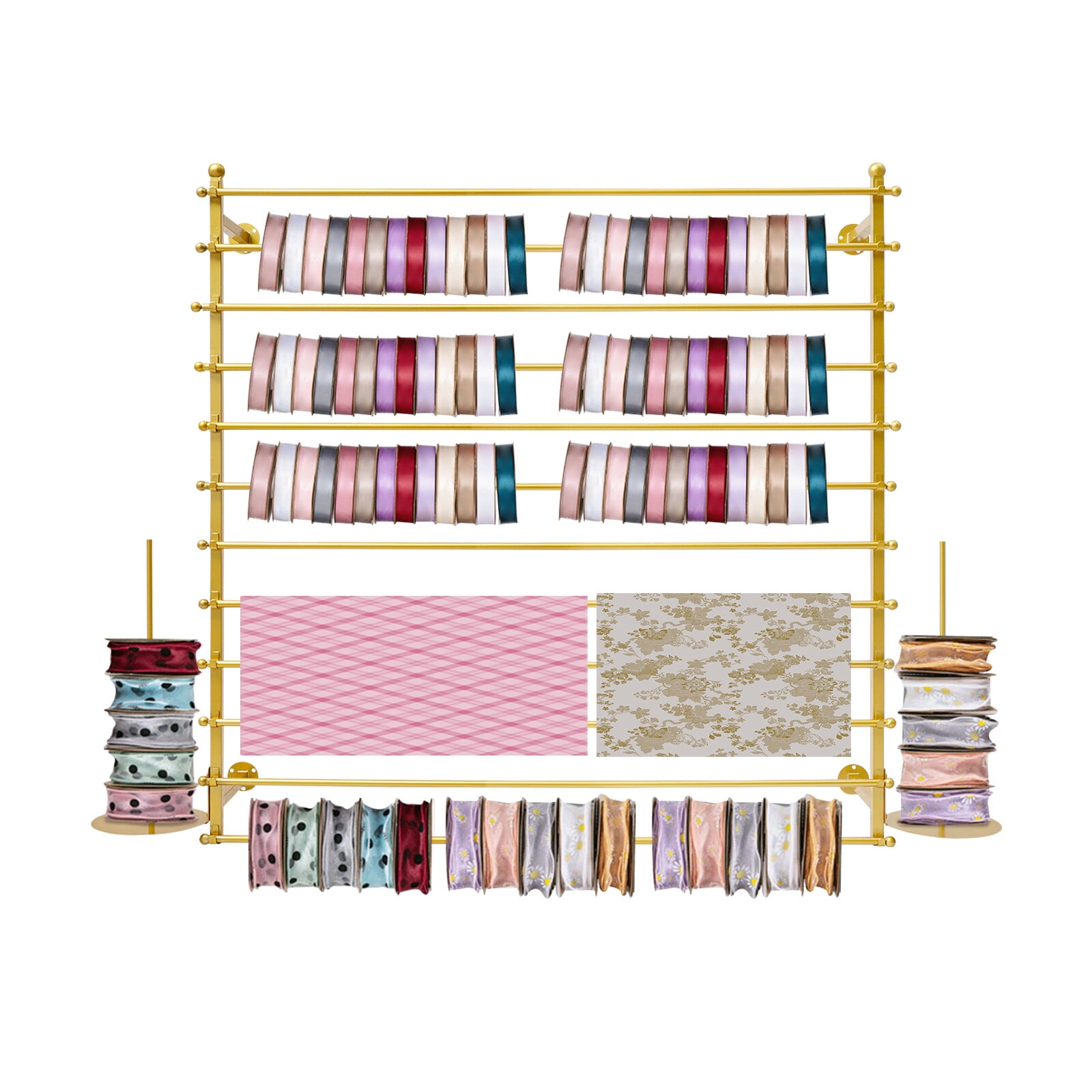 ToppiJoy 12 Rods Wall Mounted Ribbon Rack for Craft Room, Ribbon Organizer Wrapping Paper Rack for Craft Room, Cake Shop, Flower Shop Gold