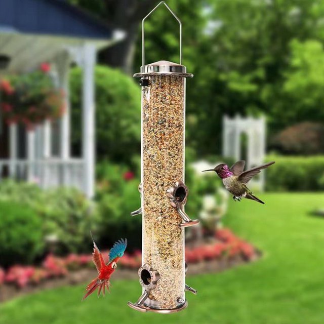 Comedero colgante para pájaros salvajes con 4 puertos de alimentación, dispensador Tubular de comida para pájaros, resistente a la intemperie, transparente para decoración de jardín al aire libre