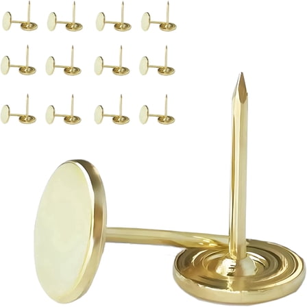 LAMIRO 100pcs Flat Head Thumb Tacks for Wall,7/16 Inch Heavy Duty Upholstery Tacks Nails,Decorative Long Push Pins for Office Home Furniture Decor Wooden Photo,Gold