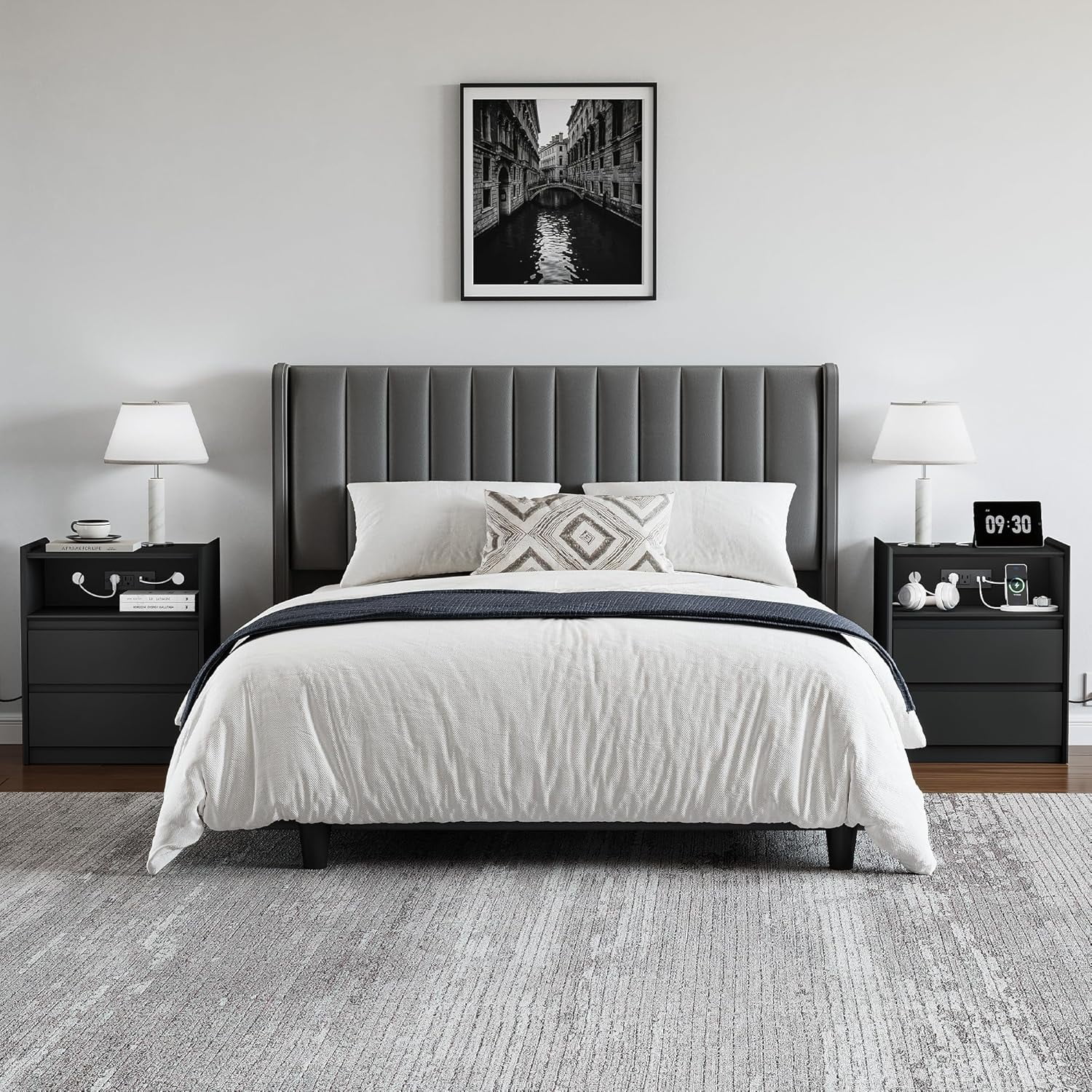 2 Drawers Black Nightstand with Charging Station, 24" Tall Bedside Table End Table for Bedroom or Living Room
