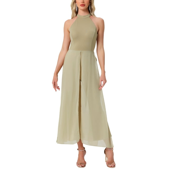 INSPIRAR CHIC Mono Elegante de Mujer con Cuello Halter Sin Mangas Mono Formal de Pierna Ancha M Caqui