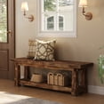 thumbnail image 6 of Finmind 55" Solid Wood Entryway Bench with Shoe Storage, Rustic Charred Wood Grain Foyer Bench with Open Shelf for Hallway, Brown, 6 of 9