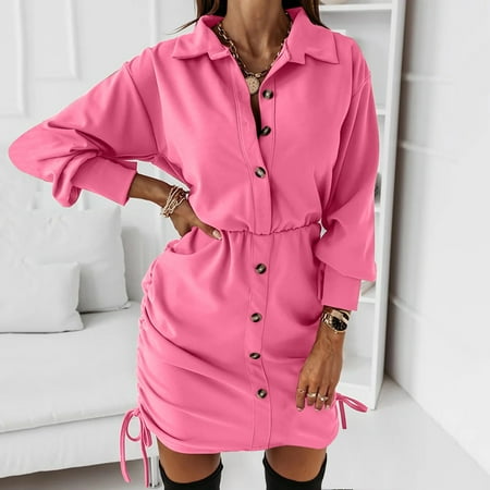 

TOTO Shirt Dresses For Women Ladies Collared Tunic Long Sleeve Casual Button Solid Color Collar Corset Drawstring Shirt Dress