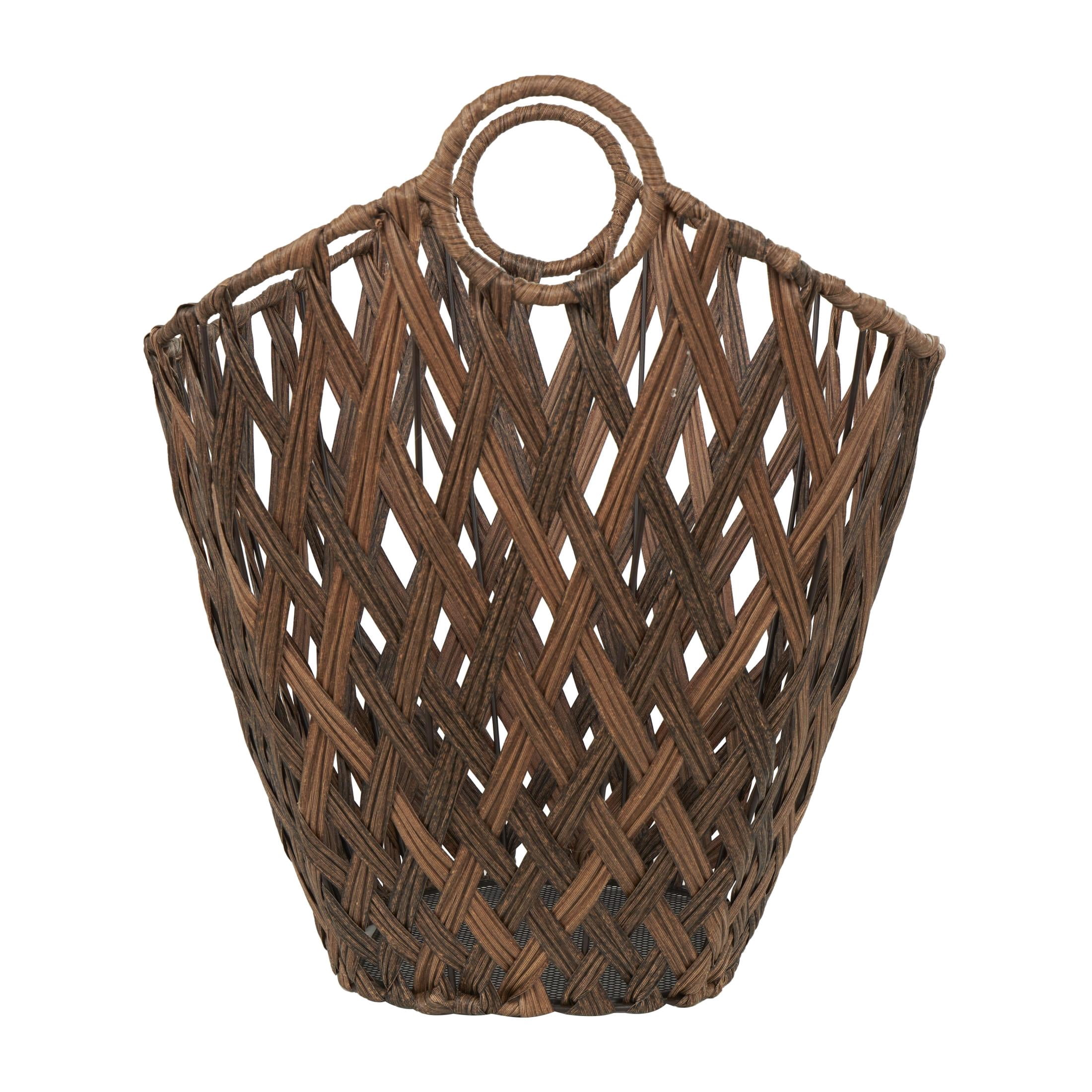 DecMode 21" x 19" Bronze Plastic Rattan Geometric Open Frame Woven Storage Basket with Ring Handles, 1-Piece