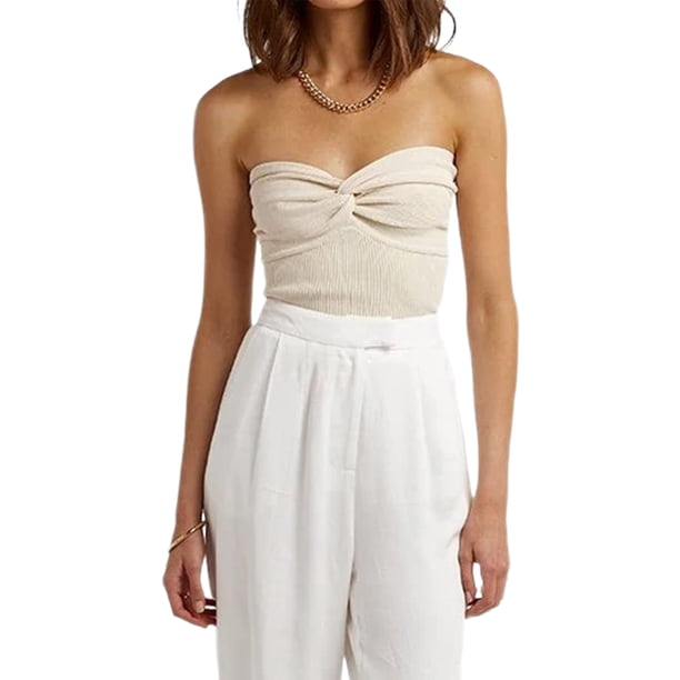 Blusas Y2K Top plisado Bandeau para mujer, jersey de punto sin mangas, ropa de discoteca Hotsweet de Color sólido Ygjytge Beige Xl para Mujer