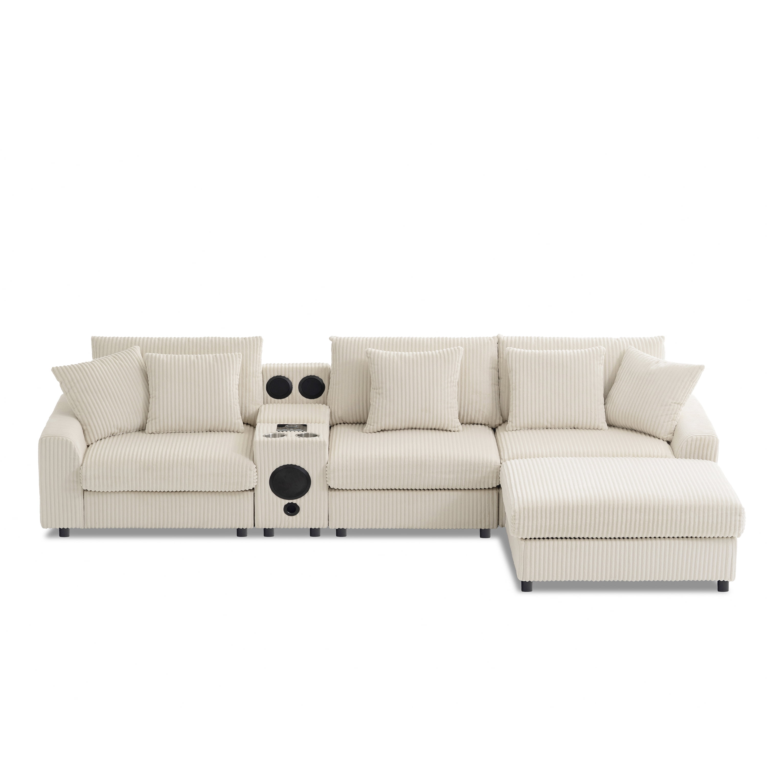 MAYEERTY 114x64" Corduroy Sectional Sofa - Bluetooth Speakers, L-Shaped Couch with Console/USB/Cup Holders/Storage/Ottoman, 2 Colors