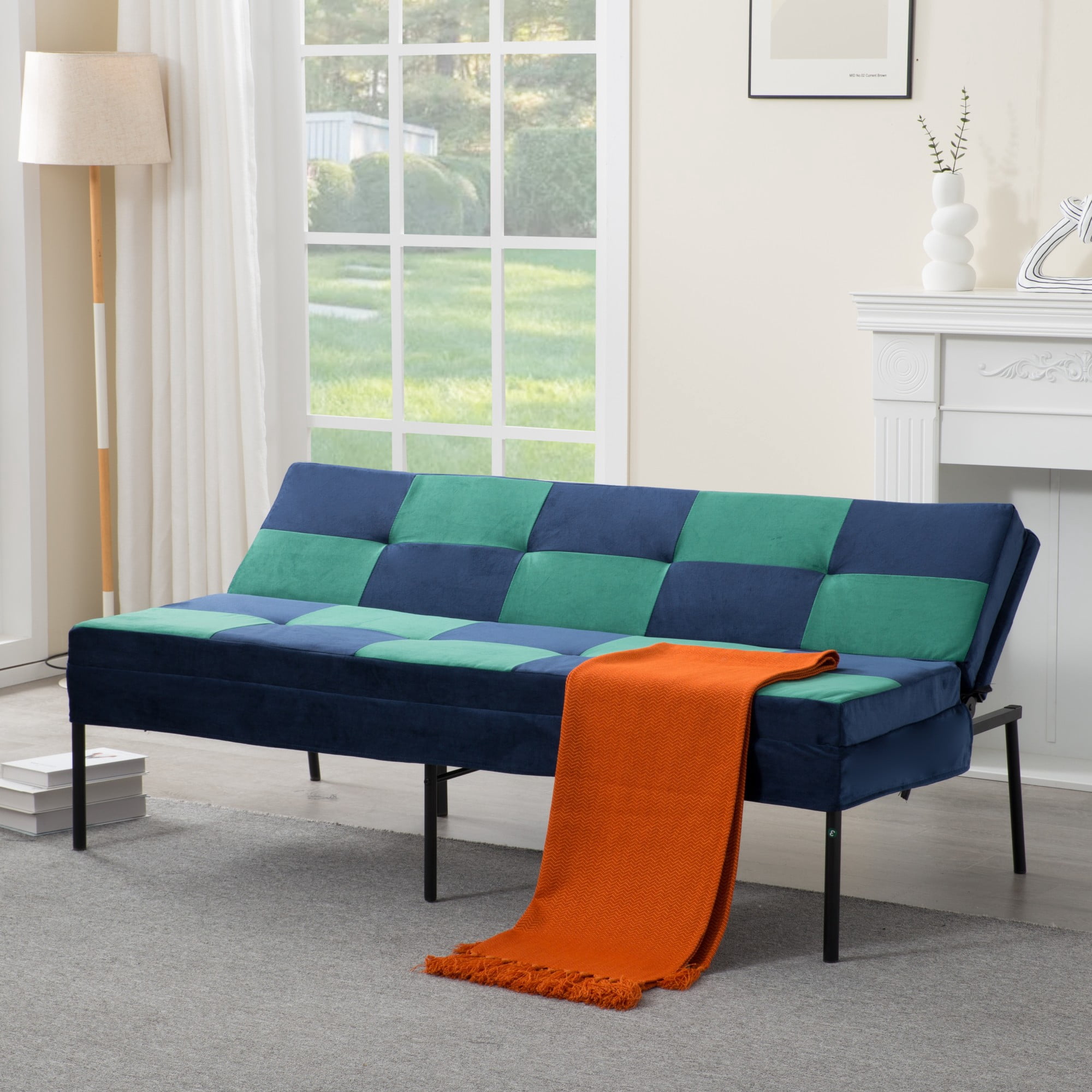 DEALTOPS 63" Checkered Velvet Futon, 2-in-1 Dual-Tone Convertible Sleeper Sofa with 5-Position Recline, Blue