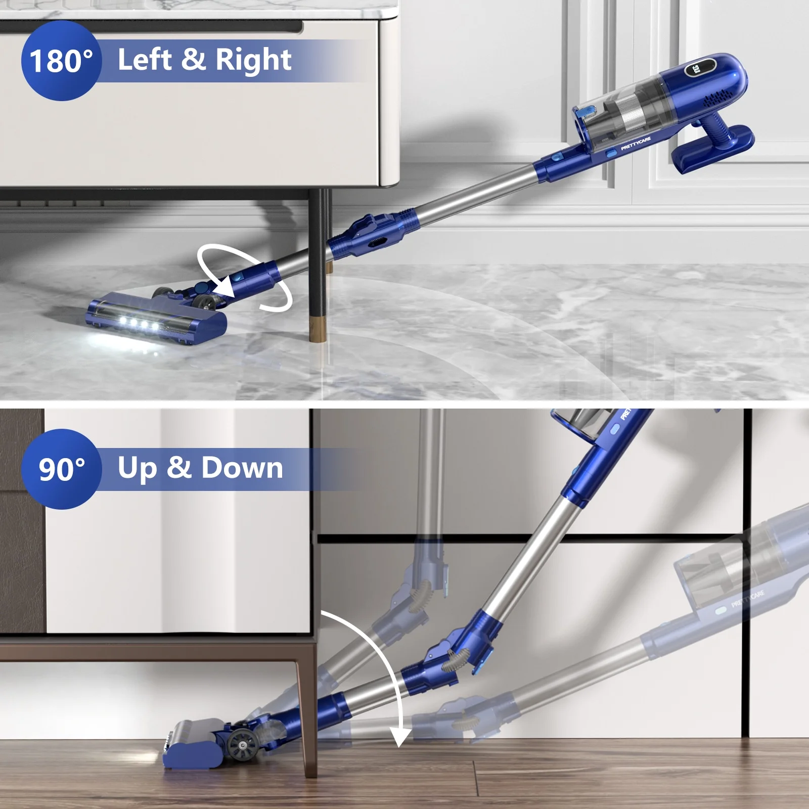 PrettyCare Cordless Vacuum Cleaner, 35Kpa/45min/7-in-1 Stick Vacuum with Foldable Pole, P1-v3