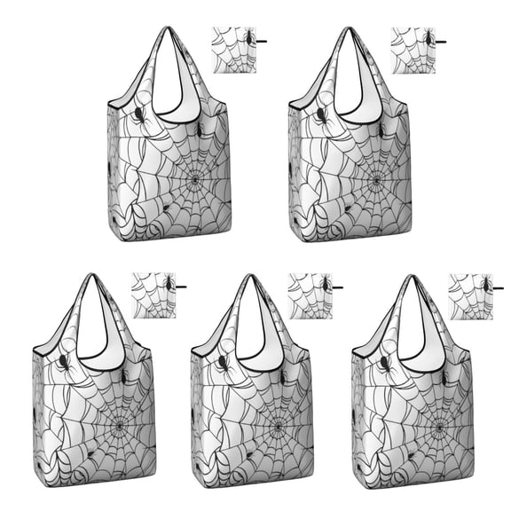 5 Pack Foldable Shopping Bag,Black Halloween Spider Webs Reusable Grocery Bags with Pockets,Large Reusable Tote Bags with Handles Waterproof & Lightweight