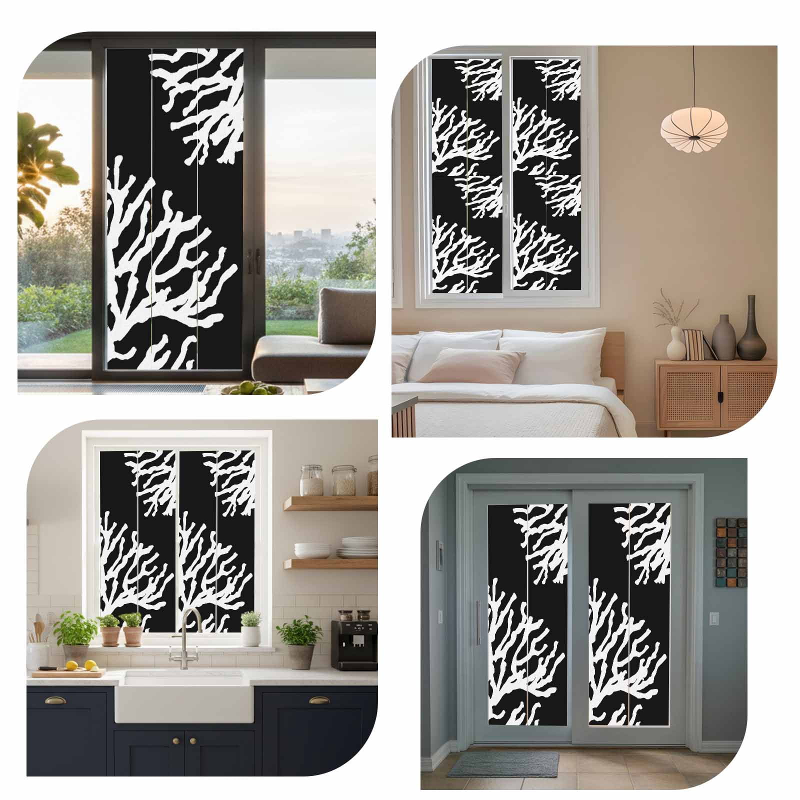 Coral Black Window Privacy Film, Coastal White Ocean Marine Nautical Beach Static Cling UV Sun Blocking Heat Control Window Tint, Non-Adhesive One Way Windows Privacy Cover 35.4''x78.7''