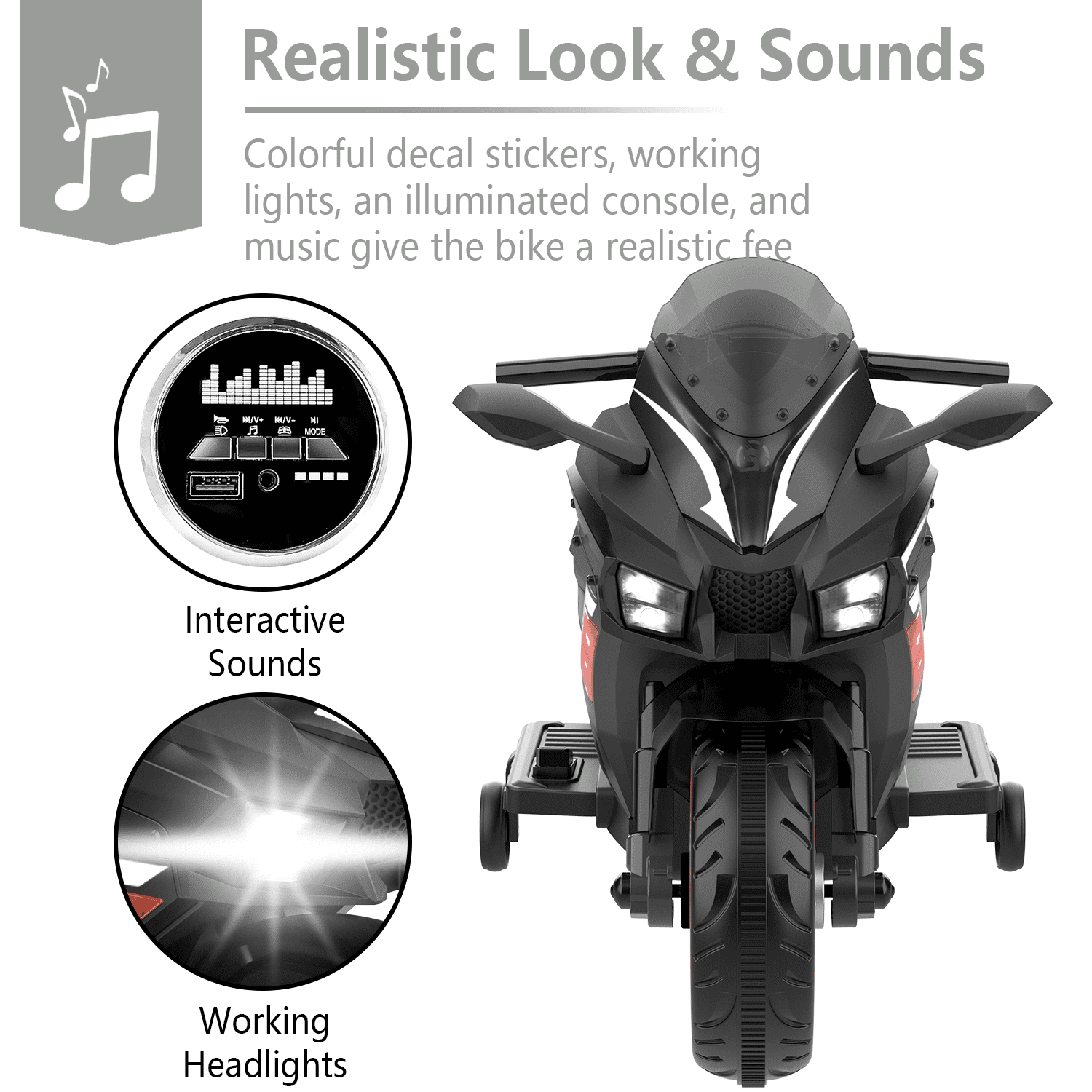 Werseon 12V Motorcycle Ride on Toy for Kids Ages 3+, Rechargeable Motorcycle with LED Light & Training Wheels, up to 90lbs, Black