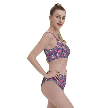 Goofa Skull colorful flower daisy Pattern High Waisted Bikini Set - Two Piece Swimsuit for Women  Summer Bathing Suit Trendy Swimwear-XX-Large