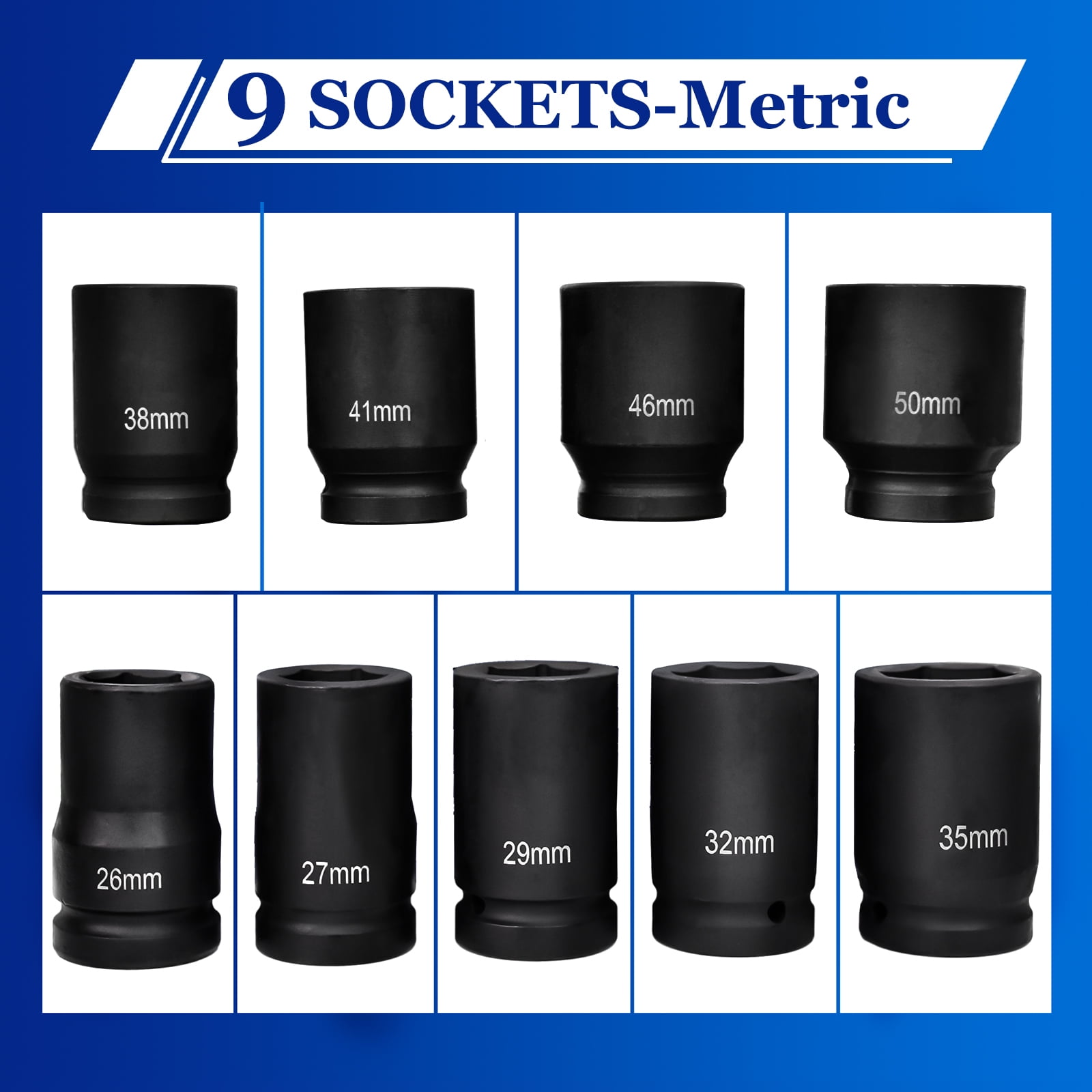 iMeshbean Impact Socket Set 9-Piece 1"Deep Drive Impact Socket Set for Automotive and DIY Projects, Includes 26/27mm, 29/32/35/38/41/46/50mm Jumbo