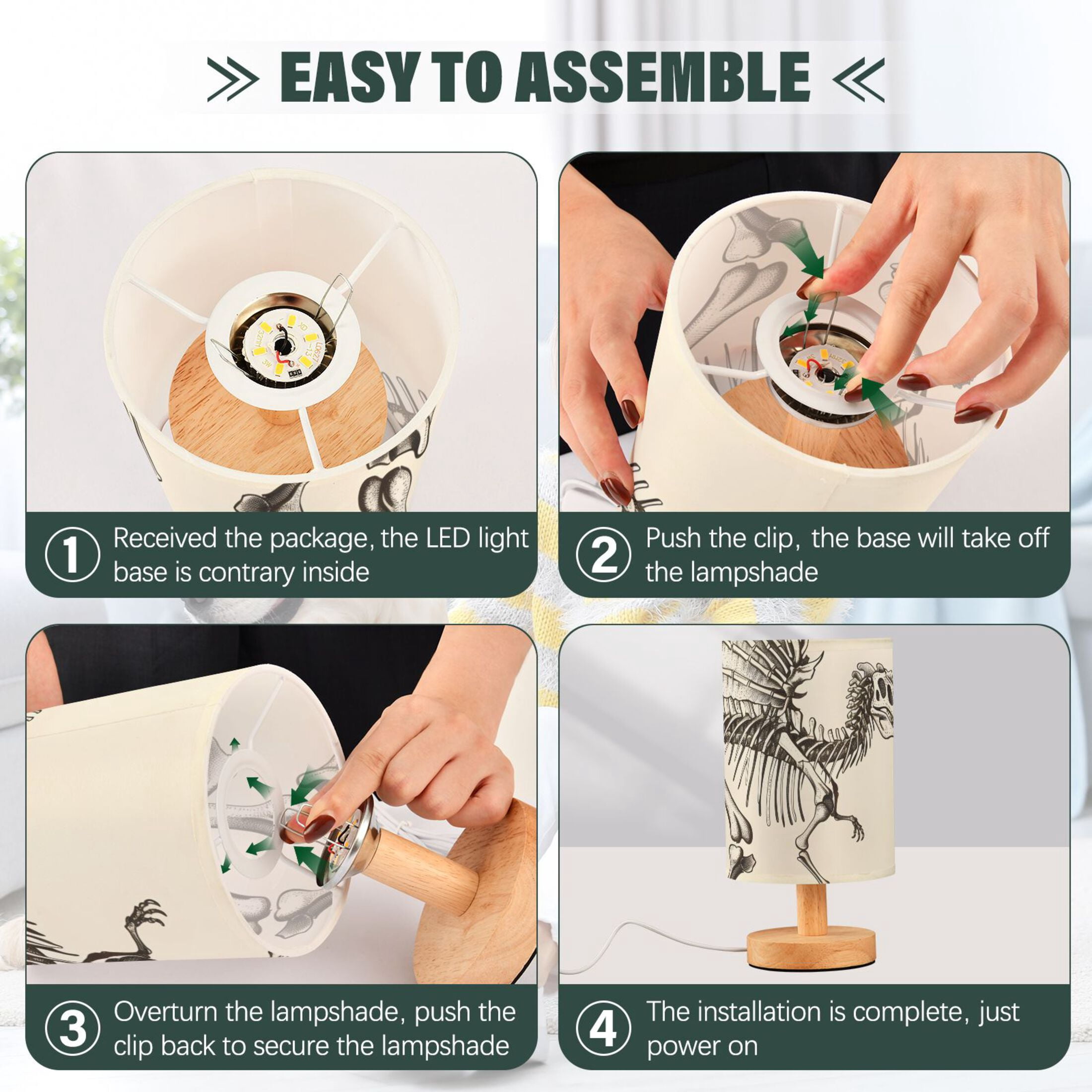Dinosaur Skeleton Table Lamp USB Bedside Desk Nightstand Lamp Printed Gifts Small Lamp Wood Base for Bedroom Living Room Kids Room College Dorm