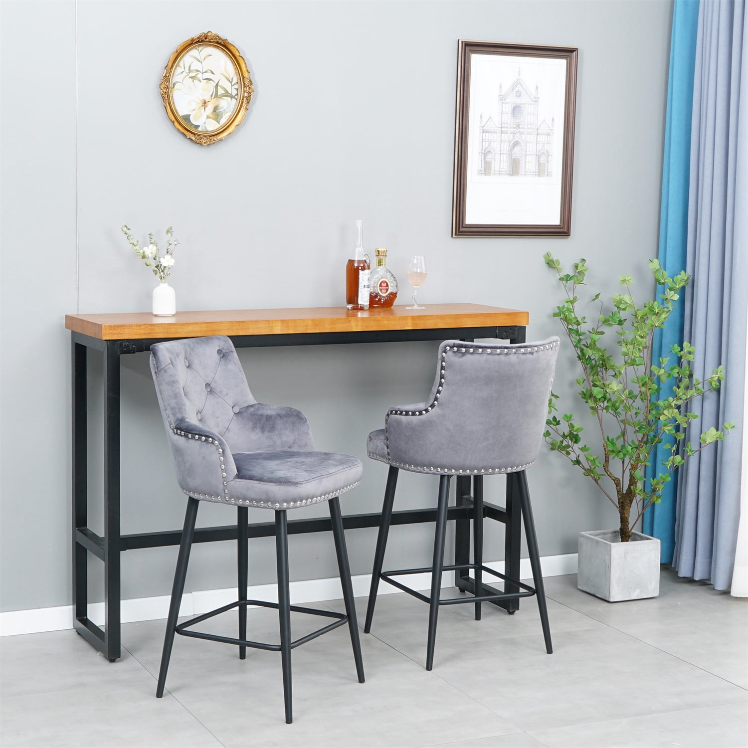 Kadyn Modern Style Bar Chair Set of 2, Foam Bar Stools with Armrests and Footrests, Upholstered High Bar Stool Chair for Dining Room, Dark Blue