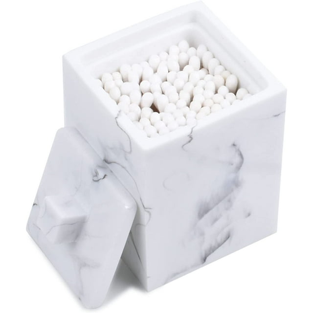 Square Qtips Holder, Bathroom Countertop Storage Organizer Container with Lid for Cotton Swabs Rounds Balls Makeup Sponges Pads Bath Salts, Made of Marble-Imitated Resin (White)