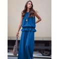 thumbnail image 6 of Women Summer 2 Piece Outfits Sleeveless Ruffle Top Wide Leg Pants Set with Pockets Blue XL, 6 of 8
