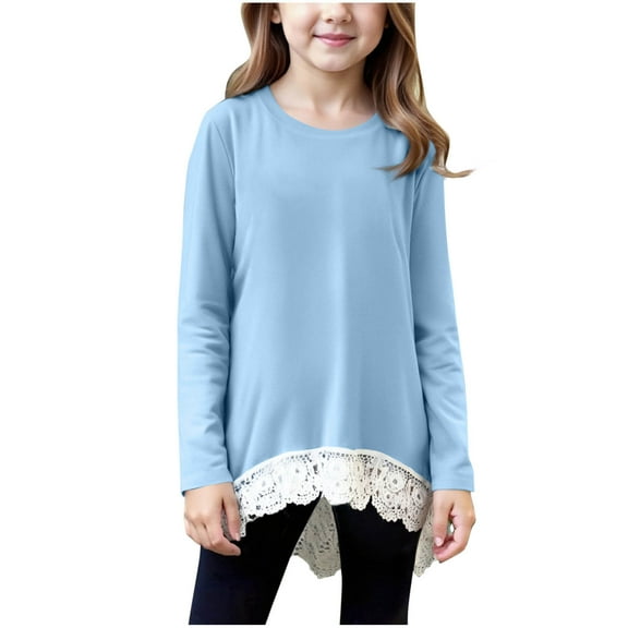 dazeni Tween Girls Tunic Tops Trendy Lace Trim Hem Flowy Casual Dressy Tops Long Sleeve Crewneck Shirts Y2k Clothes Fashion Fall Clothes